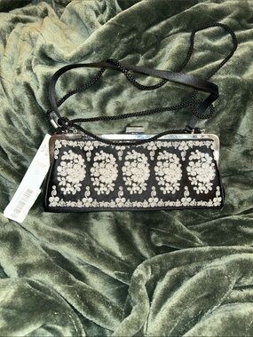 Kate Landry Black Clutch with Silver Floral Embroidery